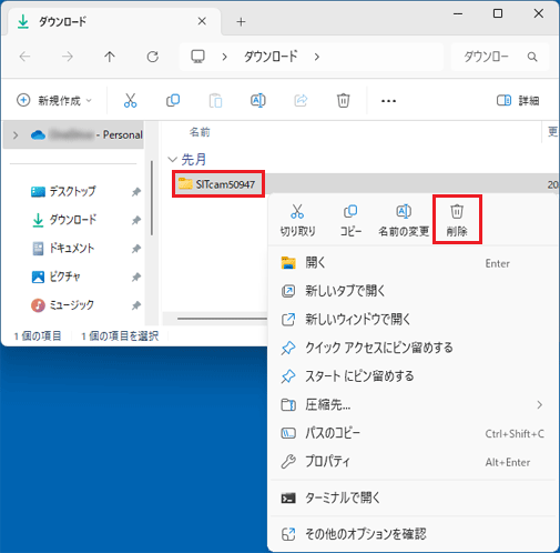 「SITcam50947」フォルダー右クリック「削除」