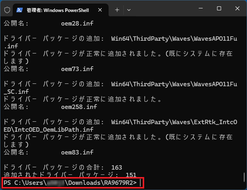 最終行にRAから始まる生成されたフォルダー名が表示