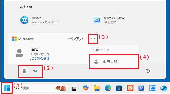 「スタート」→サインイン中ユーザー→「…」→切り替えたいユーザーの順にクリック
