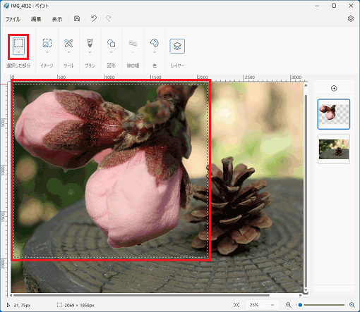 位置を確定した後に、「選択」をクリック後ドラッグで範囲選択する場合の例