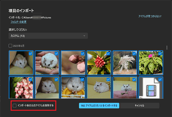 5.「インポート後の元のアイテムを削除する」をチェック