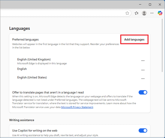 「Add languages」ボタンをクリック