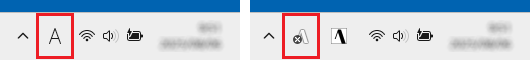 半角英数入力モードのタスクバーの表示例（左側：Microsoft IME / 右側：ATOK）