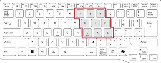 【7】、【8】、【9】、【U】、【I】、【O】、【J】、【K】、【L】キー