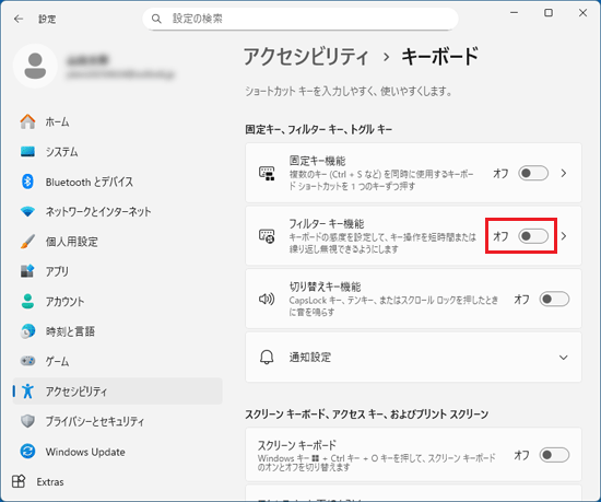 「フィルター キー機能」のスイッチをクリックしてオフにする
