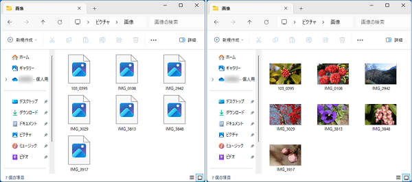 サムネイルが表示されていない例といる例