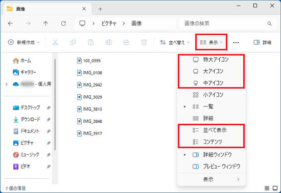 「表示」をクリックし、表示される選択肢をクリック