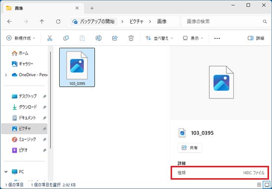 「種類」でファイル形式を確認