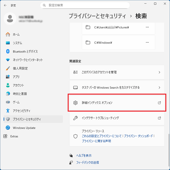 「詳細インデックス オプション」をクリック