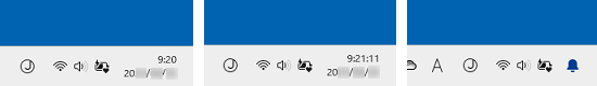 時刻と日付表示、時刻（秒表示あり）と日付表示、表示なしの例