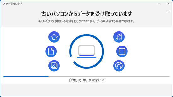 「古いパソコンからデータを受け取っています」の表示