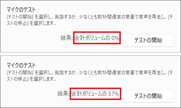 合計ボリュームが0%の場合、合計ボリュームが0%よりも上の場合