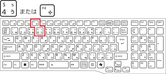 ひらがなの「う」が刻印されている【4】キーの例