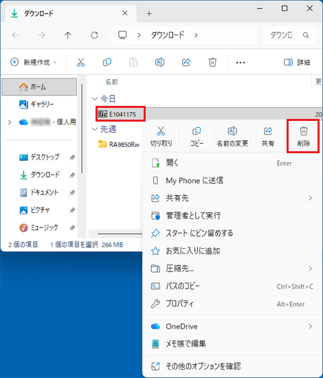 「E1041175」(または「E1041175.exe」)のアイコンを右クリックし削除