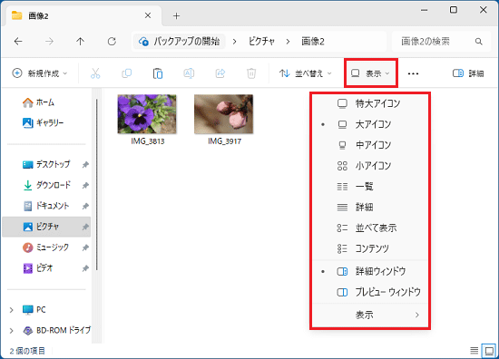 「表示」メニューをクリック