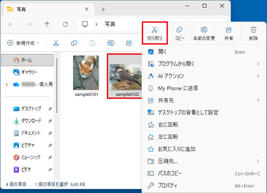 表示されるメニューから「切り取り」をクリック
