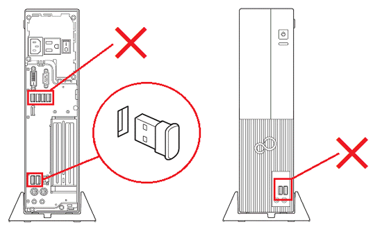 本体のUSBコネクタとワイヤレスレシーバーの例