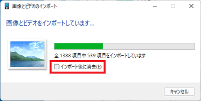 「インポート後に消去」