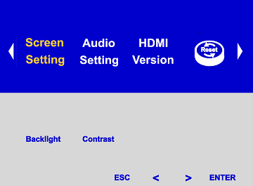 「画面設定」ボタンで表示される、青と灰色背景の英語メニューの例
