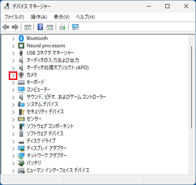 「カメラ」の左側の「＞」をクリック