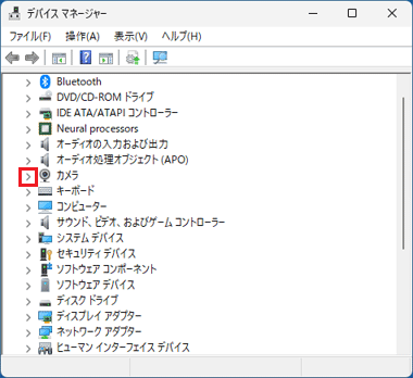 「カメラ」の左側の「＞」をクリック
