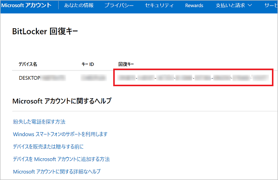 （表示されたBitLocker 回復キーの画面の例）
