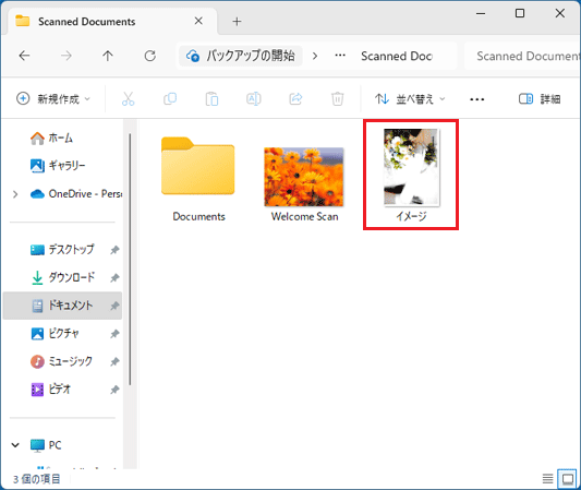 「Scanned Documents」フォルダーに保存