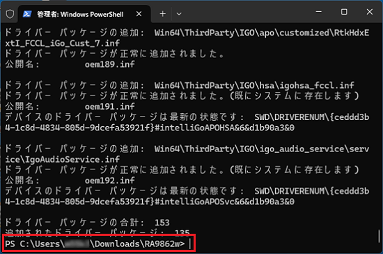 最終行に「PS C:Users（ユーザー名）DownloadsRA9862w」が表示