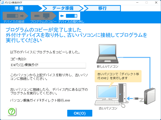 「プログラムのコピーが完了しました」と表示
