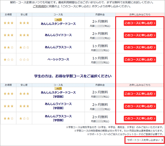 「このコースに申し込む」ボタン、または「サポートコースを申し込まない」ボタンをクリック