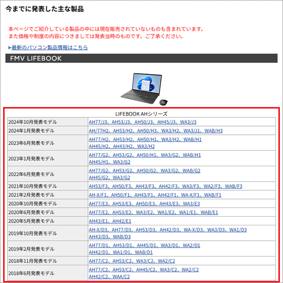 品名から、製品の発表時期を確認
