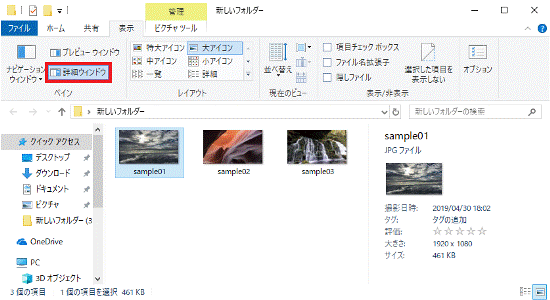 「詳細ウィンドウ」をクリック