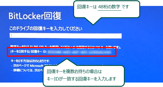 回復キーは48桁の数字で、入力画面上に表示される英字交じりのキーIDとは異なる