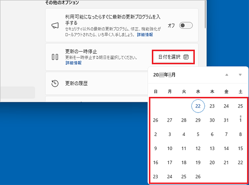 「日付を選択」ボタン→カレンダーから一時停止を終了する日付の順にクリック