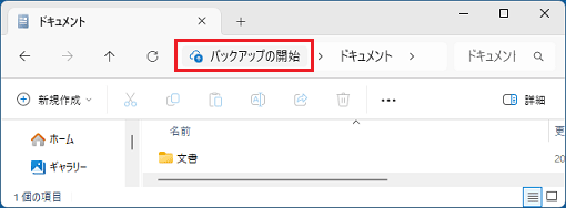 エクスプローラーのアドレスバーに「バックアップの開始」と表示