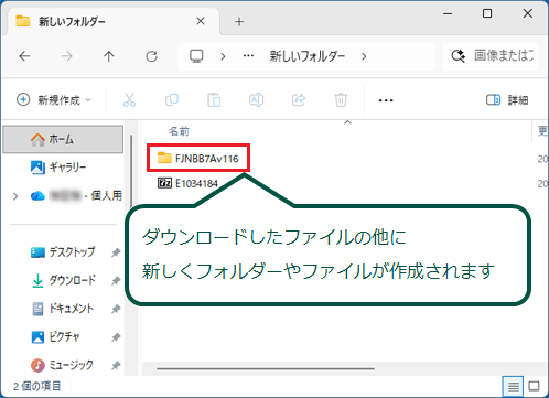 ダウンロードしたファイルの他に、フォルダーやファイルが作成されたことを確認