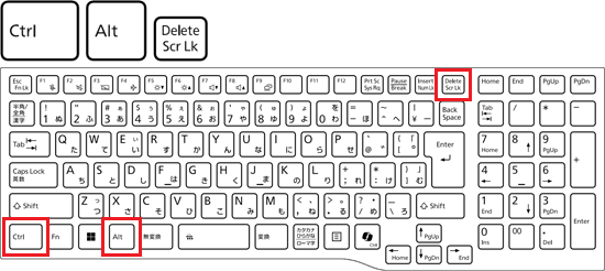 【Ctrl】キーと【Alt】キーを押しながら、【Delete】キーを押す