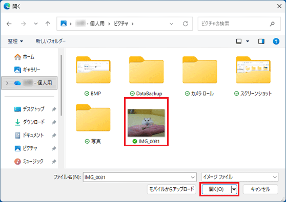 アカウントに使いたい画像をクリックし、「開く」ボタンをクリック