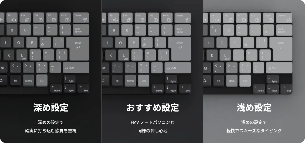 深め設定：深めの設定で確実に打ち込む感覚を重視、おすすめ設定：FMVノートパソコンと同様の押し心地、浅め設定：浅めの設定で軽快でスムーズなタイピング