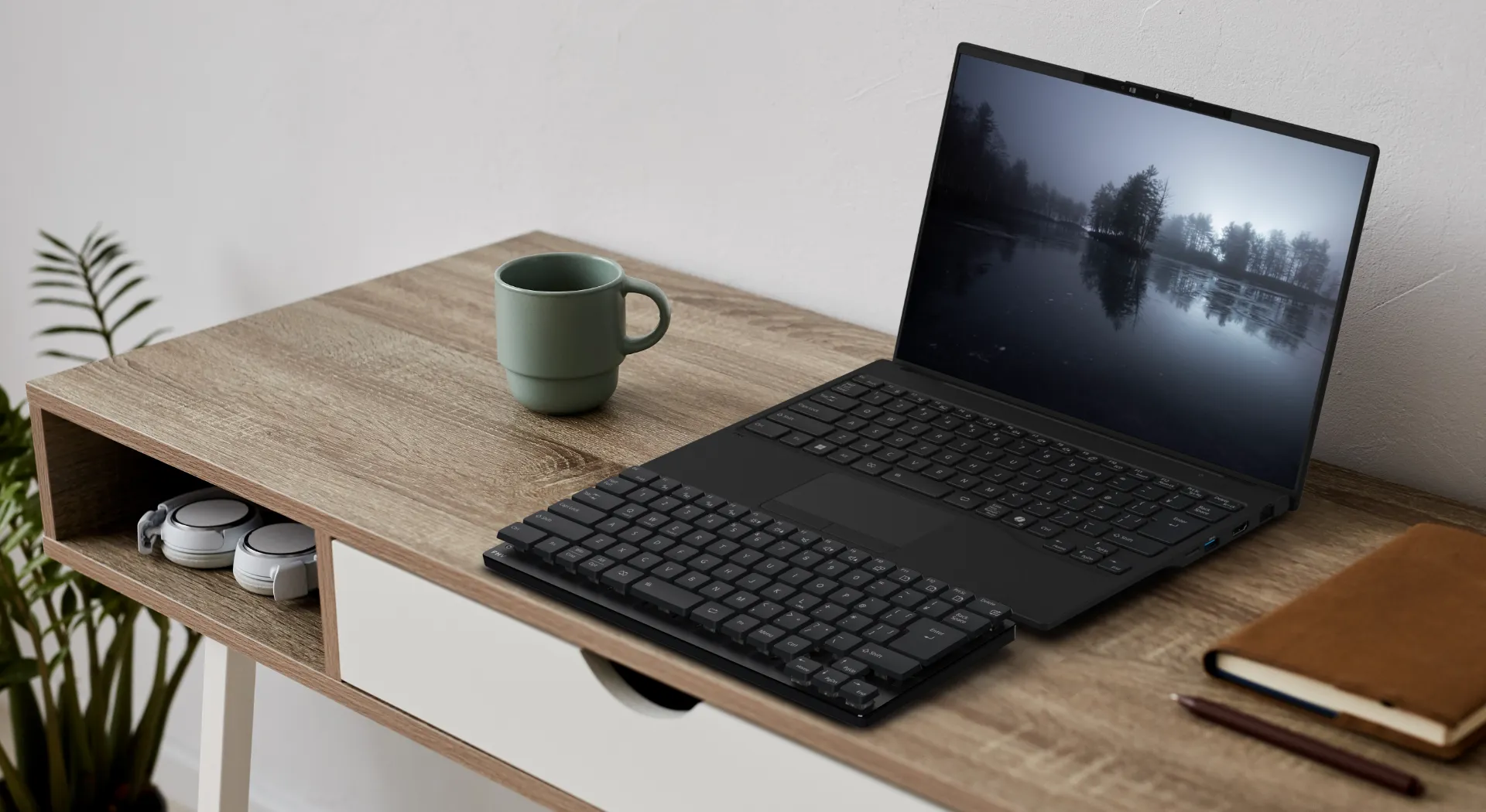 FMV Keyboard Xとノートパソコンを置いたデスクのイメージ