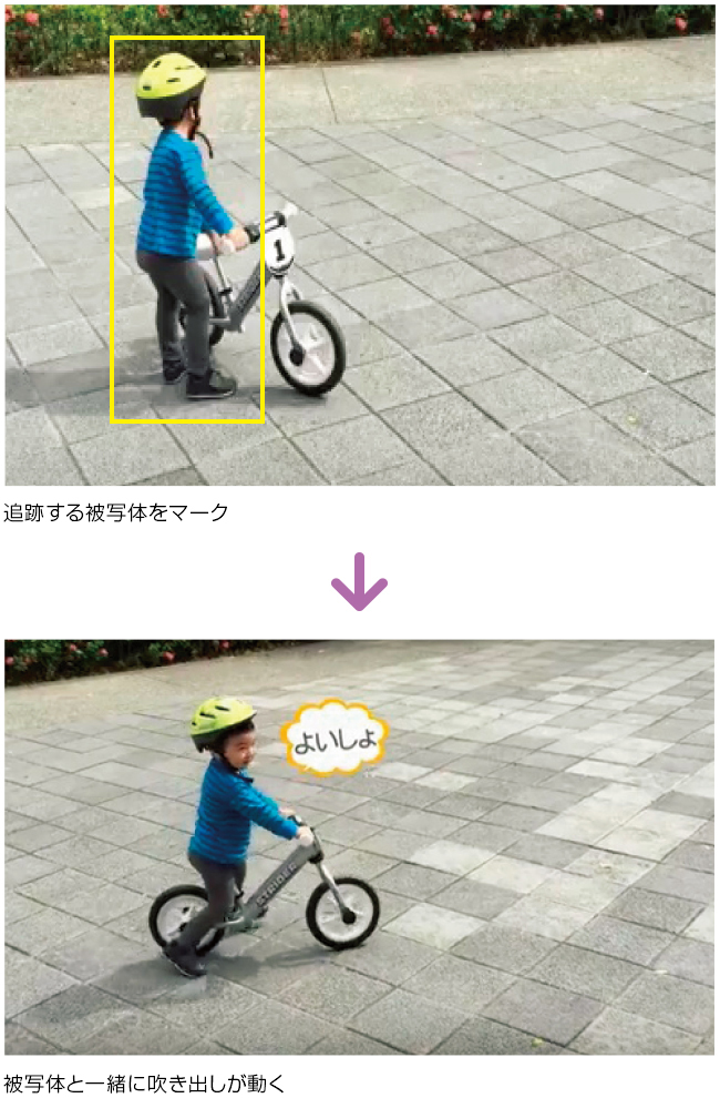追跡する被写体をマーク → 動物と一緒に文字も動く