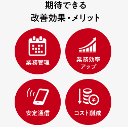 期待できる改善効果・メリット 業務管理 業務効率アップ 安定通信 コスト削減