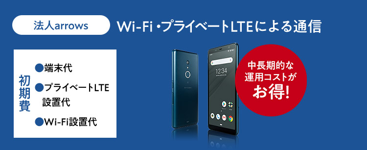 法人arrows　Wi-Fi・プライベートLTEによる通信　初期費 ●端末代　●プライベートLTE設置代　●Wi-Fi設置代　中長期的な運用コストがお得！