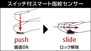 【スイッチ付スマート指紋センサー】 push 画面ON／slide ロック解除