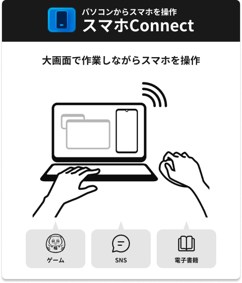 パソコンからスマホを操作 スマホConnect 大画面で作業しながらスマホを操作 ゲーム SNS 電子書籍