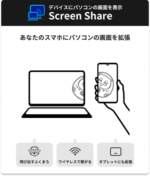 デバイスにパソコンの画面を表示 Screen Share あなたのスマホにパソコンの画面を拡張 飛び出すふくまろ ワイヤレスで繋がる タブレットにも拡張
