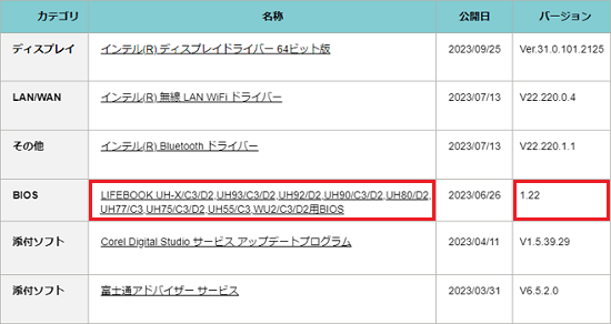 「BIOSのバージョンを確認する」で確認したバージョンより大きい